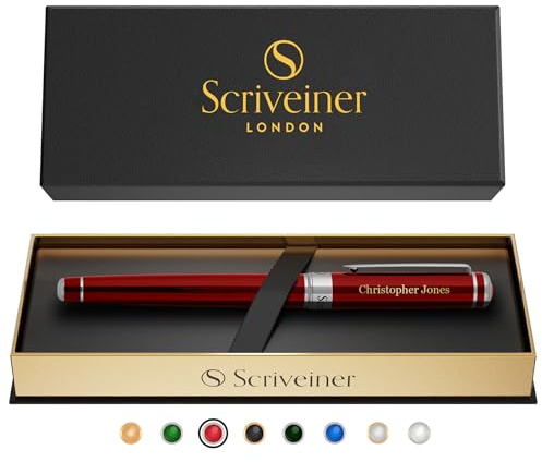 Scriveiner Personalized Deep Crimson Red Rollerball Pen - Stunning Red Lacquer Luxury Pen with Chrome Finish, Schmidt Ink Refill, Engraved Roller Ball Gift Set for Men & Women, Custom Name Engraving