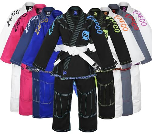Zafco Sports Brazilian Jiu Jitsu, Kids Jiu Jitsu Gi Children BJJ Gi Grappling Kimonos Lightweight White Belt, Schwarz/Himmelblau, 00