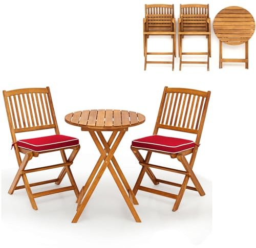 KOMFOTTEU Salon de Jardin en Bois d'acacia pour 2 Personnes, Ensemble de Meubles de Jardin, 1 Table & 2 Chaises, Ensemble Pliable de Bistrot pour Balcon, 3 pièces (Coussins Rouges)