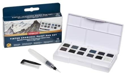 Derwent Tinted Charcoal Paint Pan Set, Set of 12, Half Pan Size, Water-Soluble, Ideal for Painting Landscapes, Professional Quality, Travel Size, 2306249