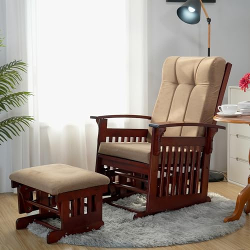 Dvasovio Rustic Glider Chair for Nursery with Ottoman, Resistant Rubber Wood Nursery Glider and Ottoman Sets for Relaxing, Rocking Chair for Living Room Bedroom (Brown)