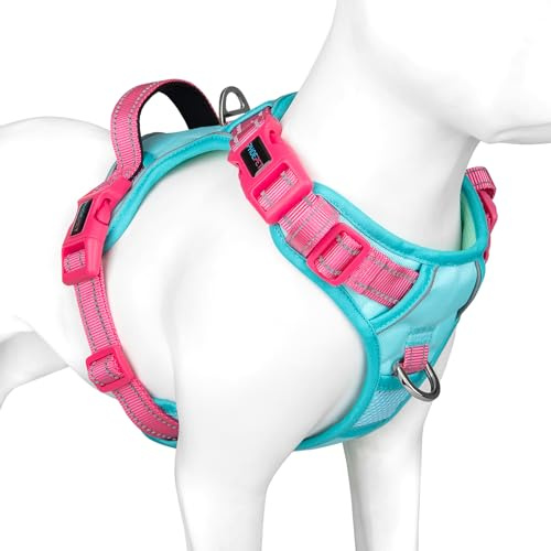 PHOEPET Anti-drag-hundsele justerbar med reflektorer | träningshandtag och metallklämmor för alla hundstorlekar (L, mintgrön bas och rosa bärare)