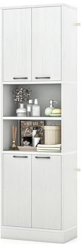TANGZON 190CM Tall Kitchen Cupboard, 4-Door Storage Cabinet with Enclosed Cabinets, Open Compartments & Anti-tipping Kits, Freestanding Wooden Tall Sideboard for Pantry Dining Living Room (White Oak)