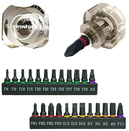 Steinwhale 25-i-1 kort stubby mini-skruvmejsel för tätt utrymme, säkerhet torx, Phillips, flathead och Hex S2 stålbitar, handtag av cellulosaacetatfiber, kompakt EDC