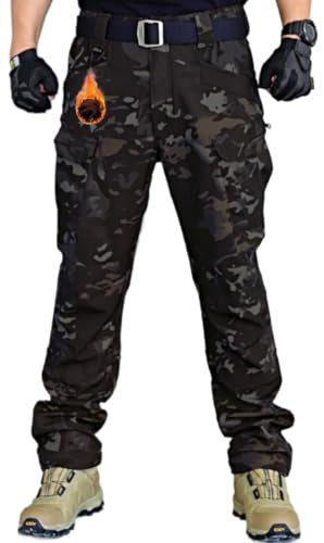 WINKEEY Pantalon de Travail Homme Pantalon Tactique Doublé en Polaire Softshell Imperméable Coupe-Vent, Camouflage Noir Polaire XL