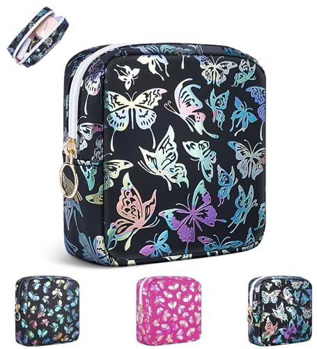 Pochette Femme Mini Petite Trousse Maquillage Sac à Cosmétique Pochette Voyage Portable Trousses de Toilette Fille Enfant avec Papillons Image Rangement Maquillage Bijoux Serviette Hygiénique(Noir-A)
