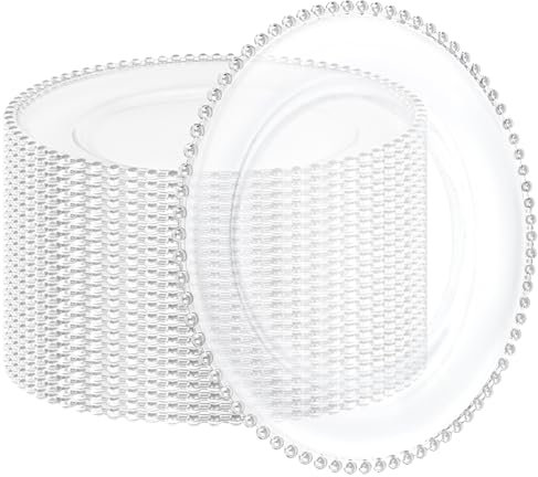 24 Pack Clear Charger Plates 13 Inch Clear Plastic Charger Plates with Beaded Rim Acrylic Round Dinner Plates for Home Kitchen Catering Wedding Table Event Party Dinner Tabletop Decoration (Silver)