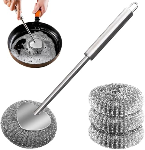 Rostfritt stål diskborste med handtag – köksrengöringsborste med 3 skrubbkulor – lång skaft för kastruller och stekpannor