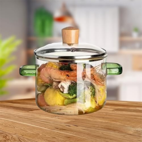 1.6/2.3L Glass Cooking Pot with Lid, Clear Pots For Cooking, With Anti-Scald Handles, Microwavable Glass Simmer Pot Heat Resistant, Glass Pots for Cooking Soup Milk Porridge (Green-6.7X8.7Inch)