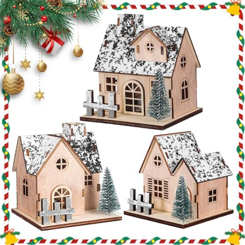 Toyvian 3 Pcs Christmas Village Houses Decor: Small Glowing Wooden Houses Set with Lights Christmas Table Centerpieces - Holiday Desktop Cabin Ornament for Xmas Town Landscape Decor