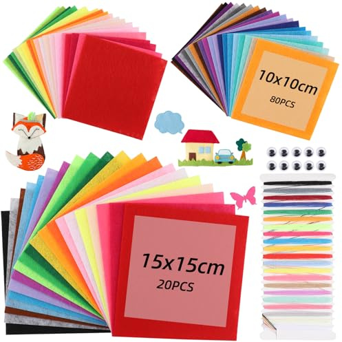 100 fogli di feltro per artigianato, colori assortiti, in tessuto non tessuto, quadrati, 10 x 10 cm, 15 x 15 cm, 1 mm di spessore, fai da te, cucito, patchwork, decorazione, artigianato, kit di feltro