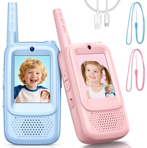 Video Walkie Talkie Bambini, 2 Pacchetti Walkie Talkies con telecamera HD & Modificatore vocale, Walkie-Talkie Video Ricaricabili, Natale Compleanno per bambini e bambine dai 3 ai 12 anni