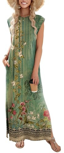 Zeagoo Beach Vacation Clothes for Women Womens Casual Summer Sundresses Long Maxi Dress Green Floral Cotton Sleeveless Crew Neck Dress Green Ethnic Pattern M