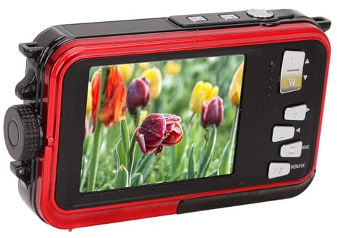 Cryfokt Caméra sous-Marine, Full HD 2,7 K 48 MP d'eau, Zoom Numérique 16X, Double écran Avant et Arrière, Appareil Photo Numérique Compact Flottant pour Le Surf, la Plongée en Apnée, (Rouge)