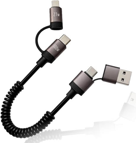 Cavo di ricarica multiplo 4 in 1, 1,5 m, con adattatore L e funzione USB-A a USB-C, cavo spiralato 4-in-1 per ricarica e trasferimento dati flessibili, compatibile con dispositivi USB e con connettore