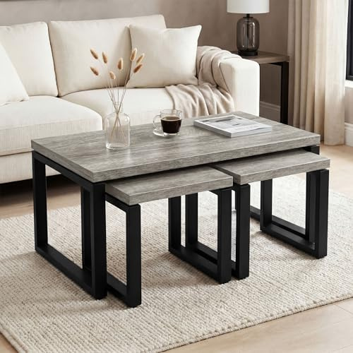 Blisswood Nesting Coffee Table Set of 3, Industrial Sofa Side Tables with 35mm Thick Wood Top, Metal Frame Legs & Slide Under Design, Space Saving Modern Centre & Side Tables for Living Room, Grey Oak