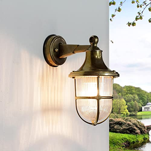 Licht-Erlebnisse Wandlampe Messing, Außenleuchte Maritim, Schiffslampe, Riffelglas, Rustikal, nostalgisch, IP64, T:22 cm, E27, Außenbeleuchtung Garten, Balkonlampe