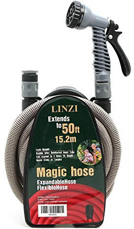 LINZI Expandable Garden Hose 15M/50FT Magic Double Latex Inner Flexible No Kink With Plastic Connectors, 7 Function Spray Gun and Holder
