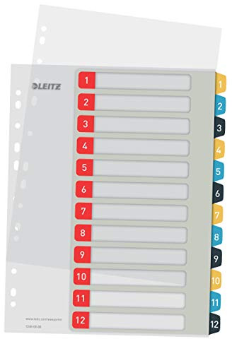 Leitz Cosy A4 Register för Utskrift 1-12, Rejäl och Slitstark, Flerfärgad, Cosy-Serien, 12480000