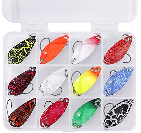 ISIYINER Forellen Spoon Forellenköder Set mit Einzelhaken Spinner Angelköder-Set für Hecht Forelle Zander Barsch mit Köderbox 12 Stück