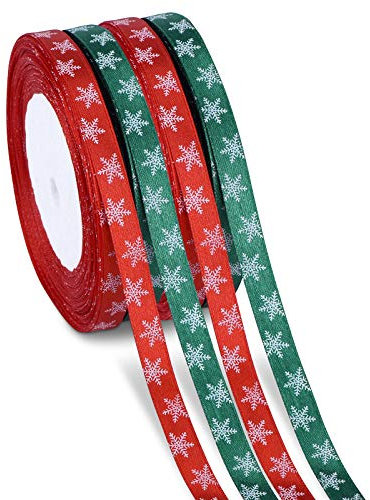 Kiiwah 100m 4 Rollen Schneeflocke Satinband Geschenkband Dekoband Schleifenband Bänder für Weihnachten Dekoration (Rot, Grün)