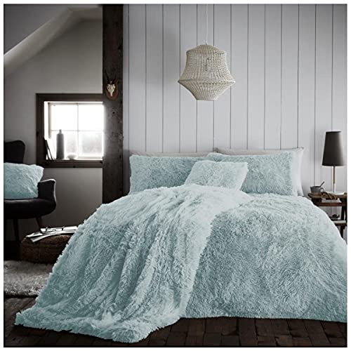 GC GAVENO CAVAILIA Easy Care Hug and Snug Teddy Bear Bedding, Extra Fuzzy Kingsize Quilt Covers Bed Set With Matching Pillowcases, Warm and Thermal Teddy Fluffy Fur Bedding, Duck Egg
