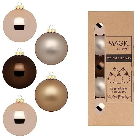 Inge-glas Weihnachtskugeln Glas 6cm x 20 Stück in Kartonbox Christbaumkugeln Set braun beige Elegant Lounge