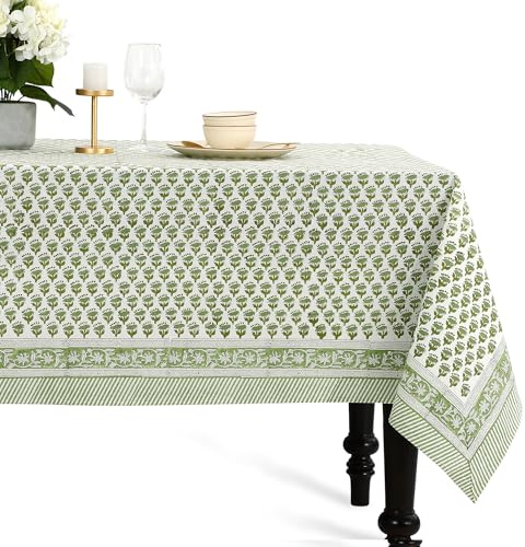 CPC Emerald Green Block Print 100% Cotton Rectangle Tablecloth 70x108 Inch