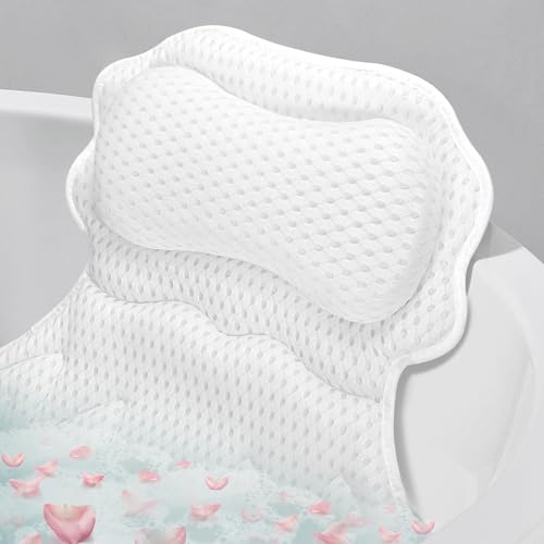 SetSail Oreiller de Bain Relaxant pour Le Cou et Le Dos, Doux 4D Respirant en Maille aérée Ergonomique, avec 6 ventouses puissantes et Crochet, Accessoires de Salle de Bain de Luxe, Blanc