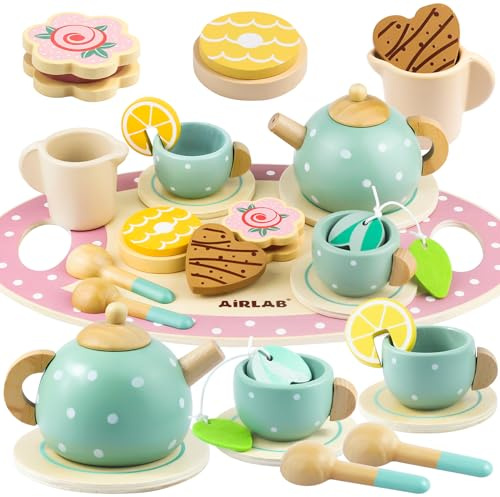 Airlab Wooden Tea Set, Afternoon Tea Party Set for Toddlers, Children Pretend Role Play Kitchen Accessories Toys Food Gift Including Teapot Dessert Cookies Cake Birthday Gifts for Girls Kids