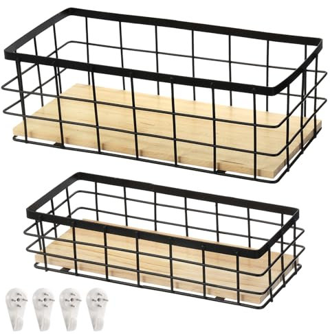 Dicunoy 2 Pack Wire Storage Basket, Narrow Metal Storage Container with Hooks for Bathroom Counter, 2 Size Farmhouse Organizing Container Caddy for Paper Towel, Toilet, Pantry, RV, Office, Kitchen