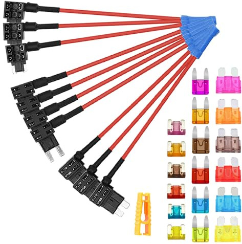 Aiqeer 10 Stycken 12V / 24V Säkringskranar Set, Add-a-Circuit Säkringshållare med 16 AWG Tråd, Gratis 18 Stycken Bladsäkringar och Säkringsavdragare (Crimp Terminal)