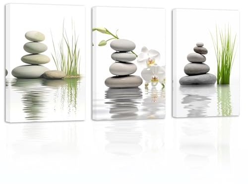 ZXHYWYM Bathroom Wall Art 3 Pieces Zen Stones White Orchid on Water Canvas Prints Spiritual Relaxing Picture for Office Yoga Spa Meditation Room Framed(3, (11.00 x 14.00 x 3PCS))