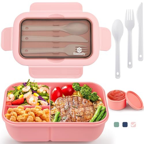 Fiambrera,1250ml Lunch Box caja bento a prueba de fugas para niños adultos,recipiente para alimentos con 3 compartimentos y juego de cubiertos,lonchera comidas aptos para microondas y lavavajilla