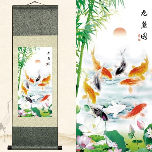 Newscz Arte da parete asiatica per corridoio e scale, dipinti a pergamena in seta, carpa koi, decorazione da parete per camera da letto, arazzo da parete per soggiorno, casa, cucina, 91,4 x 30,5 cm