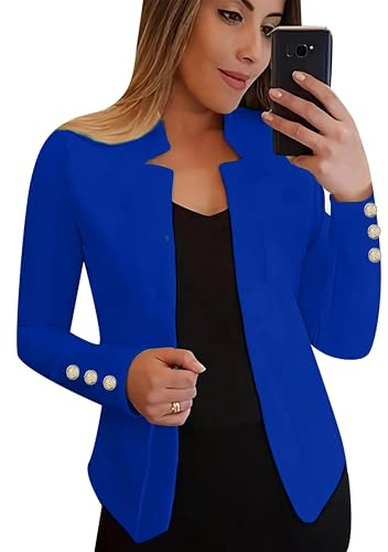 EFOFEI Femme Slim Fit Bouton Long Blazer Été Manteau De Lin Fin Tailo Cardigan Blazer Unicolore Vestes Courtes Bleu Roi XXL
