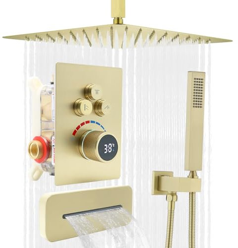 Delnet 3 Way Outlets Digital Display Valve Shower Set,16 Inch Ceiling Mounted Concealed Rain Shower System, Can Use All Options at A Time, Brushed Gold