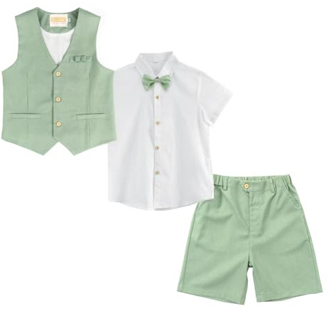 LOLANTA 4 pièces Costume Garcon Mariage Ete, Tenue Enfant Garcon Ceremonie, Vêtement Baptême Anniversaire Garçon Page, Ensemble Costume Short Lin Gile Chemise avec nœud Papillon, Vert, 11-12 Ans, 160