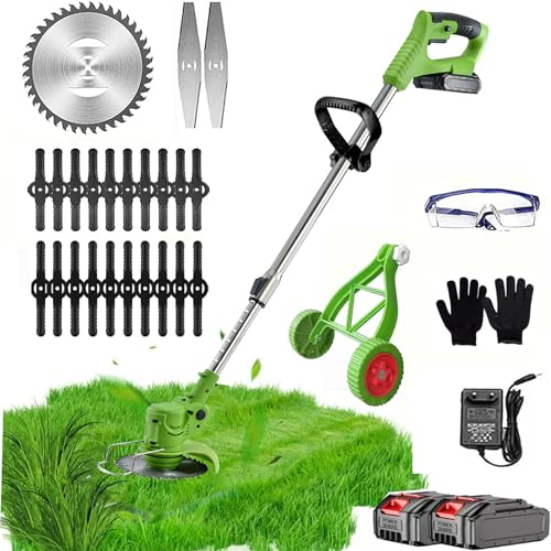 Rasentrimmer Mit Akku, Freischneider Akku 21V Elektrischer Rasenkantenschneider mit 2X 4.0Ah Akku und Hilfsgleitrad Motorsense akku 90° Drehkopf, Teleslopstiel, 3 Arten Klingen Trimmer Garten