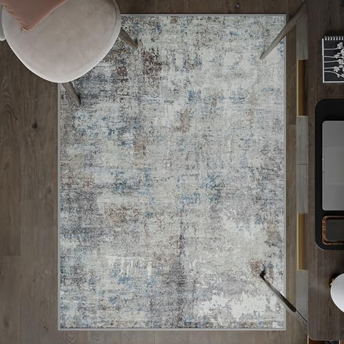 artyrugs Machine Washable Rug, 122x170cm, 75% Recycled Cotton, Short Pile, Non-Slip Backing, Non-Shedding, Suitable for Bedroom, Kitchen, Hallway, Office, Midsize, Atlantis Blue & Brown