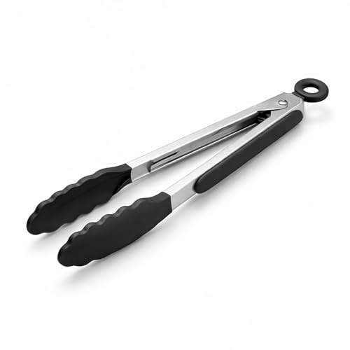 Silk Route Home Stainless Steel & Heat‑Resistant Black Silicone 9 Food Tongs - Stylish Kitchen Utensil for Cooking & Serving - Dishwasher Safe, 230°C Heat Resistance