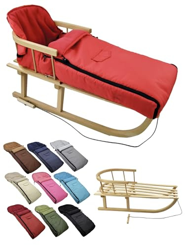 Kombi-erbjudande [träsläde universell vinteråkpåse 108 cm] kälke med ryggstöd och dragrep, fotsäck, lämplig för babystol, barnvagn, buggy med termofleece (röd)