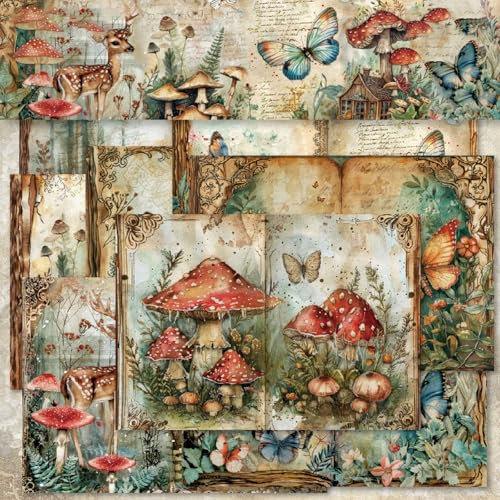 Scrapbook Papier Wald Muster Scrapbook Bastelpapier, Vintage Motivpapier mit Waldtiere Schmetterling Pilz Muster, 40 Blatt A5 Decoupage Papier Einseitiges Dekorpapier, 14.5 x 21cm