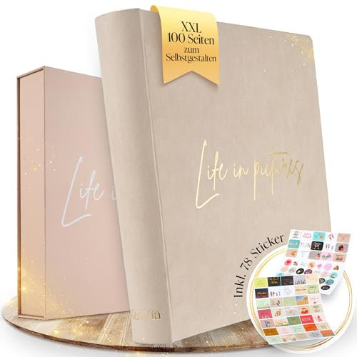 KenVia® Fotoalbum zum Selbstgestalten - XXL 100 weiße Seiten (50 Blatt) mit Stickern & Geschenkbox - Foto-Album groß 400 Fotos - Erzähle dein Leben in Bildern - NEUES Fotobuch zum Einkleben