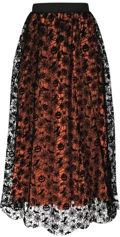 Halloween Damen Rock, Samt Kürbis und Spinnennetz Mesh Tüllrock Elastischer Hoher Bund A Linie Swing Midirock Halloween Kostüm (L, XL, Orange - Kürbis)