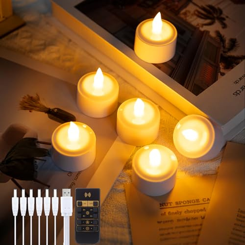 EXTSUD 6 Bougies LED Rechargeables avec Télécommande et Minuterie, électriques LED Bougie Chauffe Plat Flamme Vacillante avec 5 Modes de Luminosité pour Noël Halloween Fête Famille Mariage Table Deco