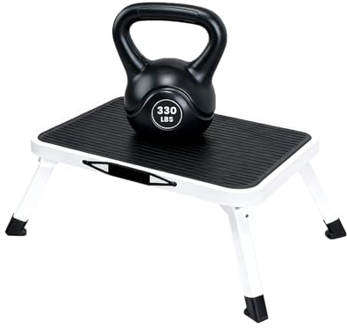 NEWBULIG Foldable Step Stool, Reinforced Sturdy Metal, 330lbs Capacity, Non-Slip Platform & Thickened Rubber Feet, for Home, Kitchen, RV, Indoor Outdoor, Black and White