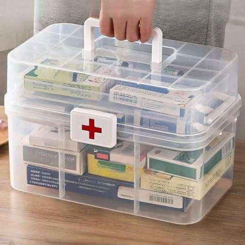 Premium Clear First Aid Bin with Adjustable Tray,3-Layer Portable Medicine Organizer Box,Folding Family Emergency Storage Cabinet Container for Home TravelDorm Sewing (Transparent,12.68×8.27×7.05inch)