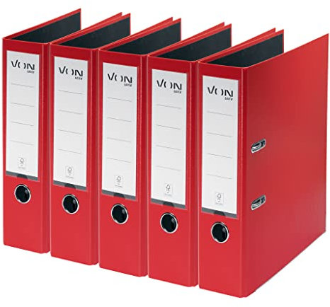 VON Leitz 5er Pack Ordner A4, Karton mit Kunststoffeinband, 80 mm Rückenbreite, Für 600 Blatt, FSC-zertifizierter Karton, Für Schule, Studium & Haushalt, Rot, 10551025