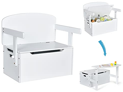 COSTWAY Set Mesa Actividad para Niños, Set 3 en 1 Mesa y Silla con Caja para Juguetes y Palo Neumático, Banco de Madera para Guardería Cuarto para Actividades Artísticas, de 3 a 7 años (Blanco)
